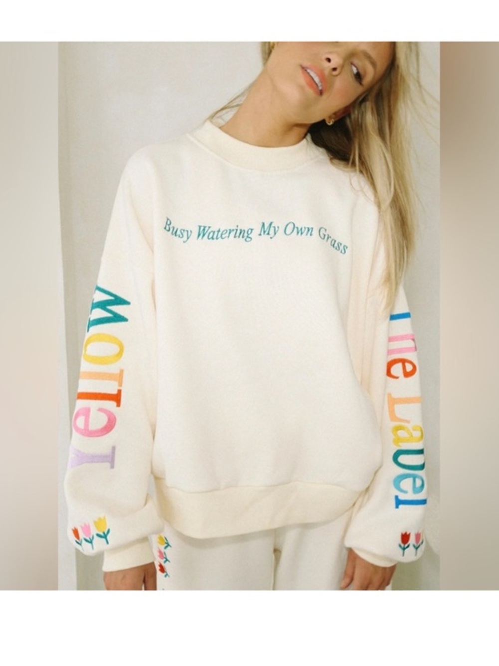 Yellow The Label Busy Watering My Own Grass Sweatshirt Cream Small Embroidered